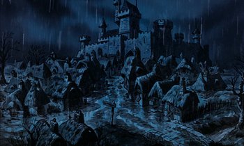 Movie still from “Robin Hood” (1973), directed by David Hand – An artistic painting of a medieval castle in the rain; Extreme Wide shot, High angle