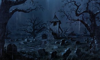 Movie still from “Robin Hood” (1973), directed by David Hand – A painting of an old stone house in the middle of a graveyard; Extreme Wide shot, Low angle