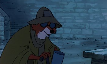 Movie still from “Robin Hood” (1973), directed by David Hand – A cartoon of an animal wearing a hat and sunglasses; Medium shot, High angle