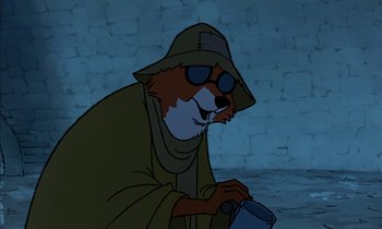 Movie still from “Robin Hood” (1973), directed by David Hand – A cartoon of a fox wearing a hat and holding a watering can; Medium shot, Over the shoulder angle