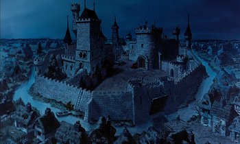 Movie still from “Robin Hood” (1973), directed by David Hand – A painting of an old castle at night time; Extreme Wide shot, High angle
