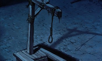 Movie still from “Robin Hood” (1973), directed by David Hand – An animated picture of an old wooden crucifixion; Extreme Close Up shot, High angle