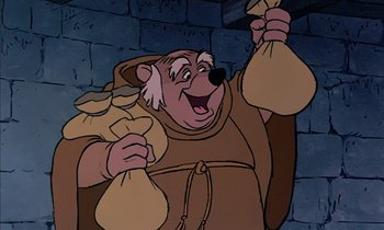 Movie still from “Robin Hood” (1973), directed by David Hand – A cartoon of a bear holding a bag of money; Close Up shot, Low angle
