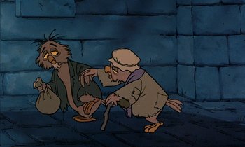 Movie still from “Robin Hood” (1973), directed by David Hand – An animated scene of a man and a bird; Wide shot, High angle