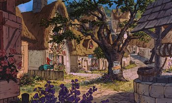 Movie still from “Robin Hood” (1973), directed by David Hand – An illustration of a village with a tree and flowers in front of it; Extreme Wide shot, High angle