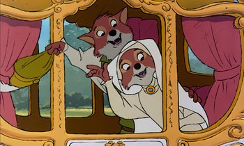 Movie still from “Robin Hood” (1973), directed by David Hand – A couple of animals are standing in a carriage; Close Up shot, Over the shoulder angle