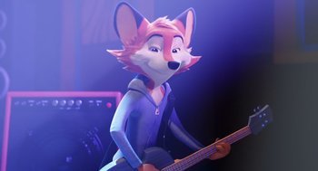 Movie still from “Rock Dog 2: Rock Around the Park” (2021), directed by Mark Baldo – An animated fox playing a guitar in a purple room; Medium shot, High angle