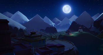 Movie still from “Rock Dog 2: Rock Around the Park” (2021), directed by Mark Baldo – An illustration of a night scene with mountains and a full moon in the background; Extreme Wide shot, High angle
