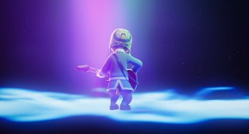 Movie still from “Rock Dog 2: Rock Around the Park” (2021), directed by Mark Baldo – A person with a hat is playing a guitar; Wide shot, Over the shoulder angle