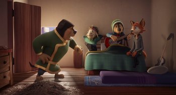 Movie still from “Rock Dog 2: Rock Around the Park” (2021), directed by Mark Baldo – A group of people sitting in a room with a dog; Wide shot, Over the shoulder angle
