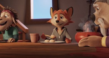 Movie still from “Rock Dog 2: Rock Around the Park” (2021), directed by Mark Baldo – A cartoon character sitting at a table eating food with chopsticks; Medium shot, High angle