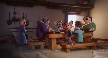 Movie still from “Rock Dog 2: Rock Around the Park” (2021), directed by Mark Baldo – A group of people sitting around a table; Wide shot, Over the shoulder angle