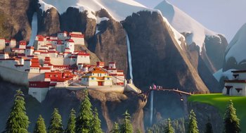 Movie still from “Rock Dog 2: Rock Around the Park” (2021), directed by Mark Baldo – An animated scene of a mountain with a waterfall and a village; Extreme Wide shot, High angle