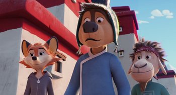 Movie still from “Rock Dog 2: Rock Around the Park” (2021), directed by Mark Baldo – A group of people standing next to each other in front of a building; Medium shot, Over the shoulder angle