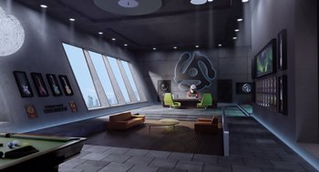 Movie still from “Rock Dog 2: Rock Around the Park” (2021), directed by Mark Baldo – An artist's rendering of a living room with a large window; Extreme Wide shot, High angle