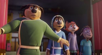 Movie still from “Rock Dog 2: Rock Around the Park” (2021), directed by Mark Baldo – A group of people standing next to each other; Medium shot, Low angle