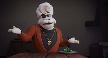 Movie still from “Rock Dog 2: Rock Around the Park” (2021), directed by Mark Baldo – A person sitting at a table with a plant on a plate; Medium shot, Over the shoulder angle