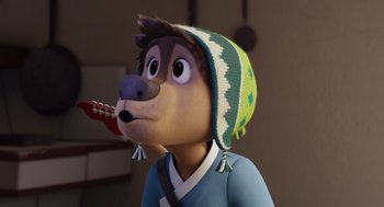 Movie still from “Rock Dog 2: Rock Around the Park” (2021), directed by Mark Baldo – A cartoon dog wearing a knitted hat with a guitar in his mouth; Close Up shot, High angle