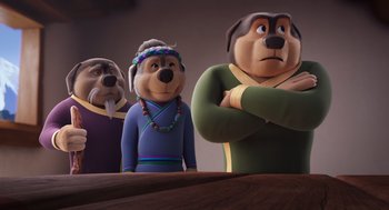 Movie still from “Rock Dog 2: Rock Around the Park” (2021), directed by Mark Baldo – A group of cartoon dogs standing next to each other; Medium shot, Over the shoulder angle