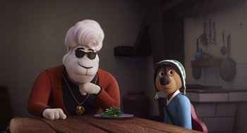 Movie still from “Rock Dog 2: Rock Around the Park” (2021), directed by Mark Baldo – A couple of people sitting at a wooden table; Medium shot, Over the shoulder angle