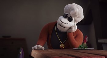 Movie still from “Rock Dog 2: Rock Around the Park” (2021), directed by Mark Baldo – A cartoon character sitting at a table with a hand on his head; Close Up shot, Over the shoulder angle