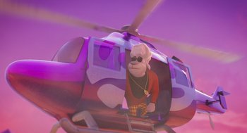 Movie still from “Rock Dog 2: Rock Around the Park” (2021), directed by Mark Baldo – An animated bear in a helicopter with a purple sky in the background; Wide shot, Low angle