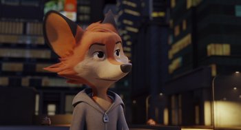 Movie still from “Rock Dog 2: Rock Around the Park” (2021), directed by Mark Baldo – A cartoon of a fox wearing a hoodie; Close Up shot, Over the shoulder angle