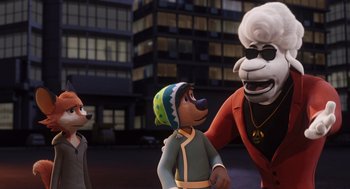 Movie still from “Rock Dog 2: Rock Around the Park” (2021), directed by Mark Baldo – A group of people standing next to each other in front of a building; Medium shot, Over the shoulder angle