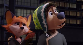 Movie still from “Rock Dog 2: Rock Around the Park” (2021), directed by Mark Baldo – Two animated characters are standing next to each other; Close Up shot, Over the shoulder angle