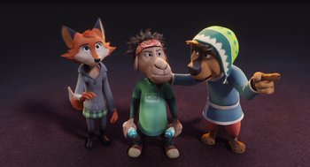 Movie still from “Rock Dog 2: Rock Around the Park” (2021), directed by Mark Baldo – A group of cartoon characters standing next to each other on the ground; Medium shot, High angle