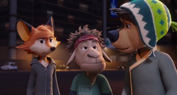 Movie still from “Rock Dog 2: Rock Around the Park” (2021), directed by Mark Baldo – A group of people standing next to each other in front of a building; Medium shot, Over the shoulder angle