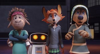 Movie still from “Rock Dog 2: Rock Around the Park” (2021), directed by Mark Baldo – A group of people standing next to each other in a room; Medium shot, Over the shoulder angle