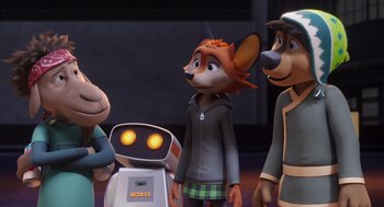 Movie still from “Rock Dog 2: Rock Around the Park” (2021), directed by Mark Baldo – A group of cartoon characters standing next to each other in front of a robot; Medium shot, Over the shoulder angle