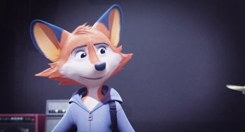 Movie still from “Rock Dog 2: Rock Around the Park” (2021), directed by Mark Baldo – A cartoon of a fox wearing a blue jacket; Close Up shot, Over the shoulder angle