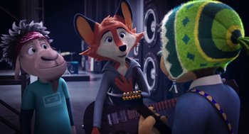 Movie still from “Rock Dog 2: Rock Around the Park” (2021), directed by Mark Baldo – A cartoon character is playing a guitar in front of other cartoon characters; Medium shot, Over the shoulder angle