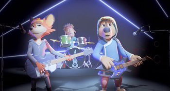 Movie still from “Rock Dog 2: Rock Around the Park” (2021), directed by Mark Baldo – A group of people that are standing in a room with guitars; Medium shot, Over the shoulder angle