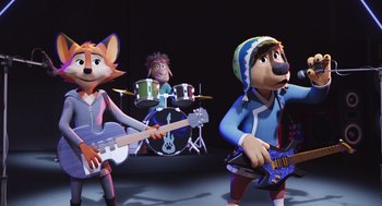 Movie still from “Rock Dog 2: Rock Around the Park” (2021), directed by Mark Baldo – A group of people that are standing in a room; Medium shot, Over the shoulder angle