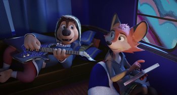 Movie still from “Rock Dog 2: Rock Around the Park” (2021), directed by Mark Baldo – Two cartoon characters are playing guitar in a room; Medium shot, High angle