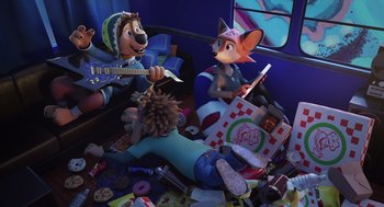Movie still from “Rock Dog 2: Rock Around the Park” (2021), directed by Mark Baldo – A group of people sitting on the floor playing instruments; Wide shot, High angle