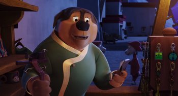 Movie still from “Rock Dog 2: Rock Around the Park” (2021), directed by Mark Baldo – A cartoon dog holding a cell phone in his hand; Medium shot, Over the shoulder angle