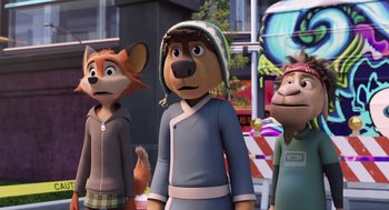 Movie still from “Rock Dog 2: Rock Around the Park” (2021), directed by Mark Baldo – A group of people standing next to each other in front of a building; Medium shot, Over the shoulder angle