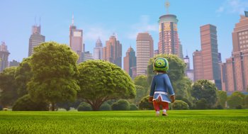 Movie still from “Rock Dog 2: Rock Around the Park” (2021), directed by Mark Baldo – An animated character is standing in the grass; Extreme Wide shot, Low angle