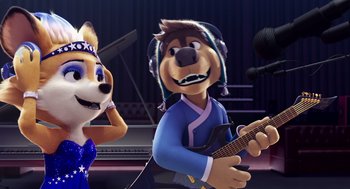 Movie still from “Rock Dog 2: Rock Around the Park” (2021), directed by Mark Baldo – Two cartoon characters are playing a guitar and a microphone; Medium shot, Over the shoulder angle