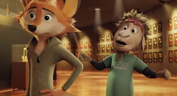 Movie still from “Rock Dog 2: Rock Around the Park” (2021), directed by Mark Baldo – Two cartoon characters one of which is talking to the other; Close Up shot, Over the shoulder angle