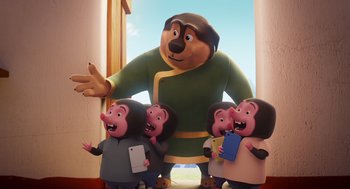 Movie still from “Rock Dog 2: Rock Around the Park” (2021), directed by Mark Baldo – A group of people standing next to each other in a room; Medium shot, Low angle