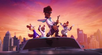 Movie still from “Rock Dog 2: Rock Around the Park” (2021), directed by Mark Baldo – A group of cartoon characters are standing on the hood of a car; Wide shot, Low angle