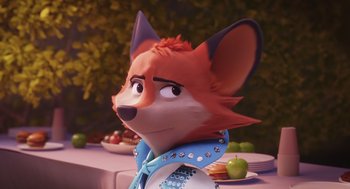 Movie still from “Rock Dog 2: Rock Around the Park” (2021), directed by Mark Baldo – A fox with a blue shirt and a blue and white collar; Close Up shot, Over the shoulder angle