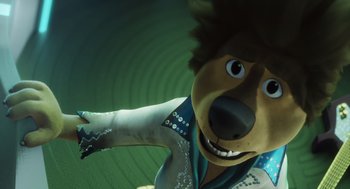 Movie still from “Rock Dog 2: Rock Around the Park” (2021), directed by Mark Baldo – A person's face in a cartoon style; Close Up shot, High angle