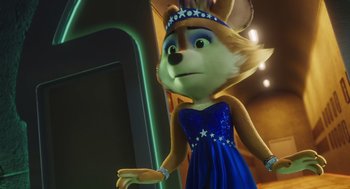 Movie still from “Rock Dog 2: Rock Around the Park” (2021), directed by Mark Baldo – A cartoon character in a blue dress and a tiara; Close Up shot, Over the shoulder angle