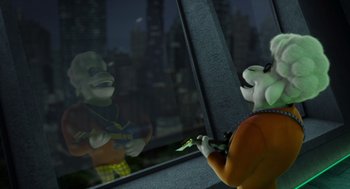 Movie still from “Rock Dog 2: Rock Around the Park” (2021), directed by Mark Baldo – A cartoon character looking out of a window at another cartoon character; Medium shot, Over the shoulder angle